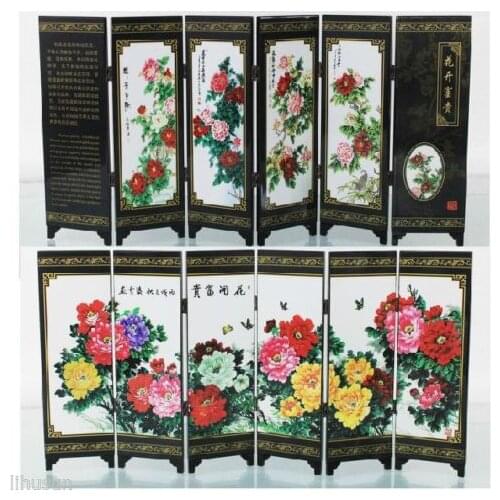 Chinese Handmade Vintage Lovely Peony Wooden Lacquer Six Pieces Folding Screen
