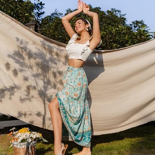 Summer Skirt 2021 Green Bohemian New Print Woman Skirts Casual Printed Holiday Long Skirt Women Elegant Ladies Printed Bottoms