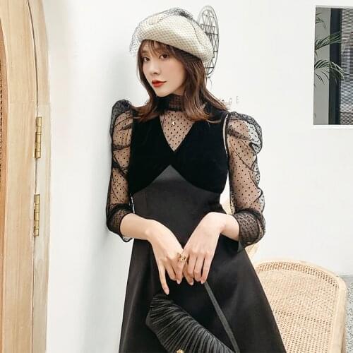 YIGELILA Fashion New Arrivals Black Dress V-neck Full Sleeves Velvet Sexy Dress Lantern Sleeves Above Knee-length Dress 65441