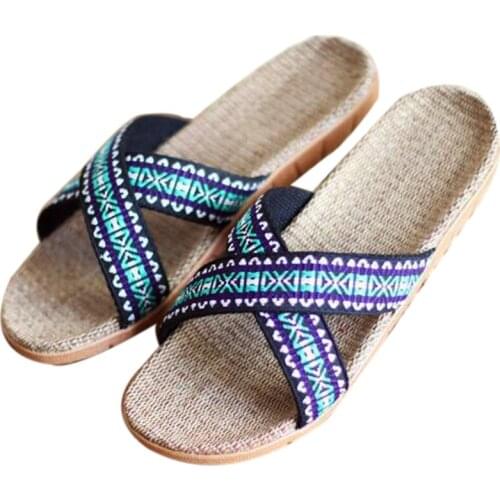 Mens Summer Cross Designer Slippers Indoor Non-slip Home Linen Slippers Beach Flip Flops Black Boys Sandals House Flax Shoes