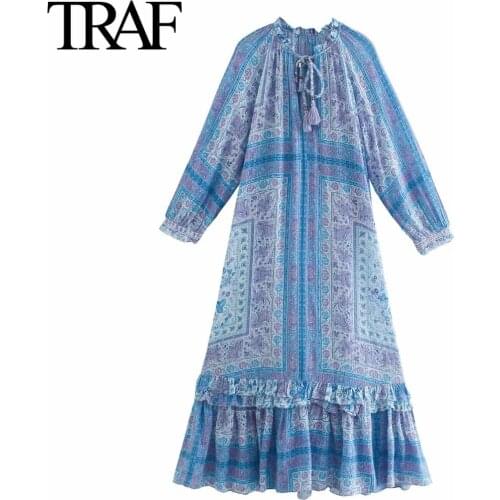 TRAF Womens Clothing Long Sleeve Dress Boho Printed Dress Big Shirt Dress France Fashion Loose Maxi Dress Female Robe