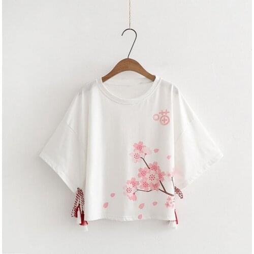 Japanese Girl Line Sweet Vintage White Black Cherry Blossom Printed Casual Pullover Short Slee Y2k Shirt Gothic Punk Clothes