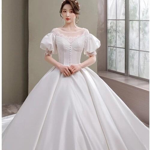 Wedding Dresses Illusion O-Neck Short Lace Tulle Embroidery Sequined Beading Backless Luxury White Vintage Lady Bridal Gown G346