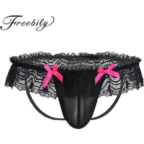 Mens Lingerie Gay Panties See Through Mesh Lace Sissy Thongs Bowknot Open Butt Jockstraps Bikini Briefs Underwear Underpants