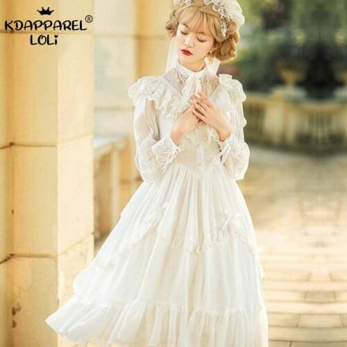 Vintage Women Lolita Dress Sweet Girls High Waist Long Sleeve Ruffles Lace Chiffon Palace Cosplay Party Birthday Bridesmaid New