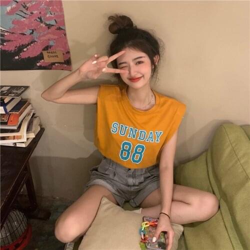 Sleeveless T-shirt Womens Summer Thin Letter Printed Shoulder Pads New Wild Loose Thin Mid-length Top