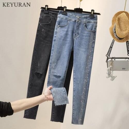 Womens Hole Jeans Spring Autumn New High-Waist Stretch Jeans Heavy Industry Rhinestone Denim Pencil Feet Pants Female Trousers