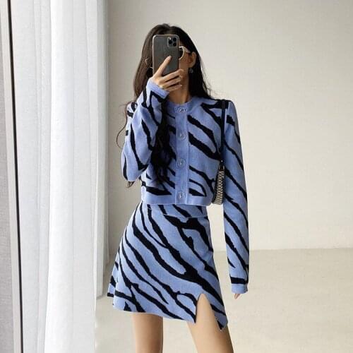 Skirt Suit Jacket Female 2021 New Spring and Summer Two-piece Suit Zebra Pattern Knitted Cardigan Bag Hip A-line Skirt