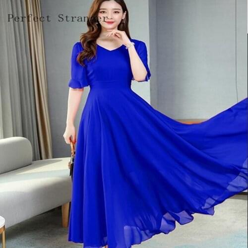 2021 Summer New Arrival Bohemian Style A-line V Collar Solid Color S-3XL Women Chiffon Long Dress