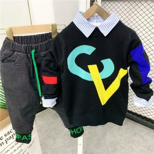 2020 Winter Toddler Boys Clothing Set Fashion Korean Letter Sweater Velvet Jeans Thicken Shirt 3 Pcs Set For Boy Kids Warm Suits