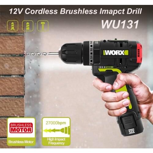 WORX WU131 12V Brushless Motor Cordless Electric Drill Screwdriver Impact Hammer Drill 30N.m Power Tools