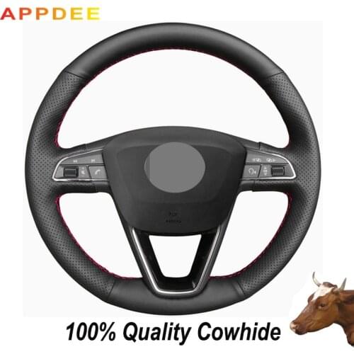 APPDEE Black Genuine Leather Car Steering Wheel Cover For Seat Leon 5F Mk3 2013- 2018 2019 Ibiza 6J Tarraco Arona Ateca Alhambra