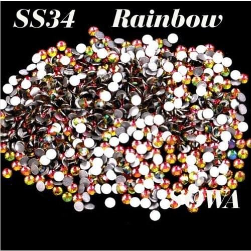 Free Shipping 144pcs/Lot SS34 (7.2mm-7.4mm) Rainbow Flat Back Glue on ( Nail Art ) Non Hot Fix beads