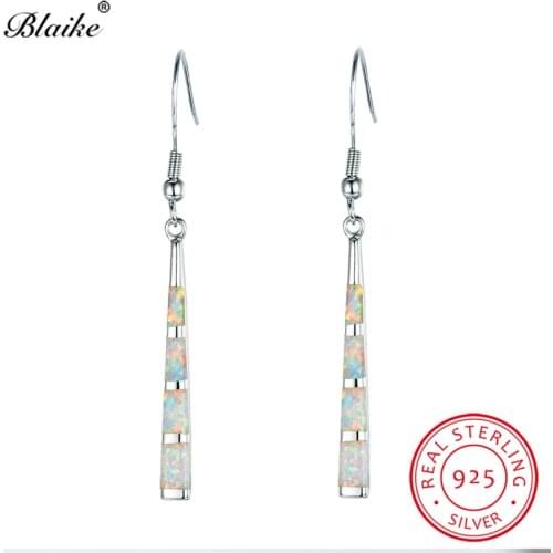 Blaike 925 Sterling Silver Baseball Bat Drop Earrings For Women White Fire Opal Earrings Bar Rainbow Birthstone Hook Earrings