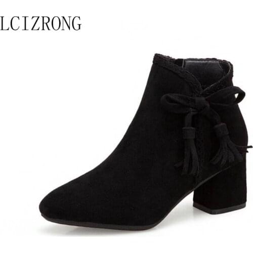 LCIZRONG New Womens Ankle Boots Zipper Mid Square Heels Platform for Ladies Bow Boots Pointed Toe Woman Shoes