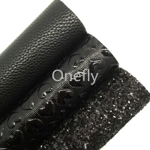 Onefly Black Chunky Glitter Leather, Hearts Embossed Faux Leather Glitter Fabric Sheets For Bow DIY handbags shoes AQ001