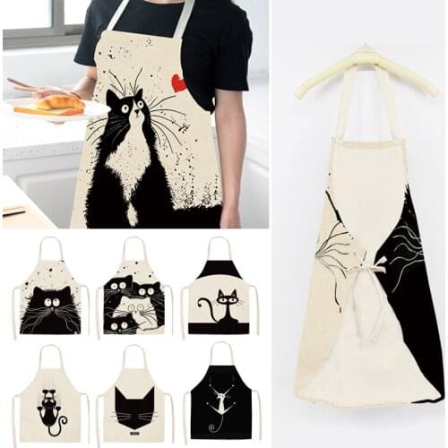1PC Cotton Linen Apron for Men Women Cartoon Cat Sleeveless Apron Bibs Home Coffee Shop Cleaning Baking Cooking Apron