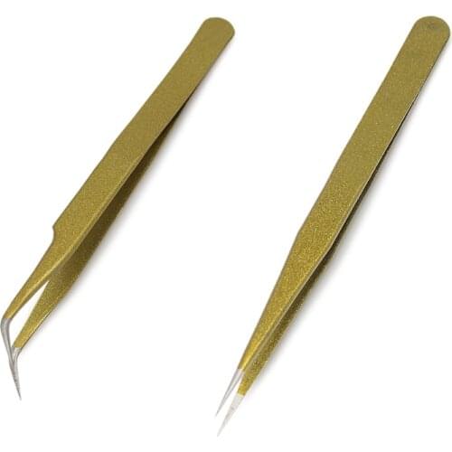 Kimcci 2pcs/Lot Professional Quality Curved+Straight Tweezers Stainless Steel False Eyelash Extension Makeup Tools Gold Tweezer