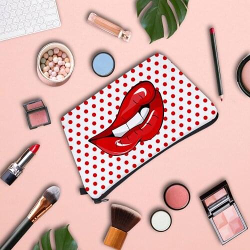 Creative Cute Printing Makeup Bags With Red Dot Lip Pattern Organizer Bag For Portable Travel Ladies Pouch Women Cosmetic Bag