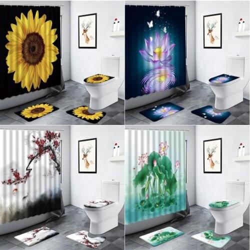 Lotus Sunflower Flowers Shower Curtain Set Bathroom Carpet Creative Floral Green Plant Decor Non-slip Rug Toilet Cover Bath Mats