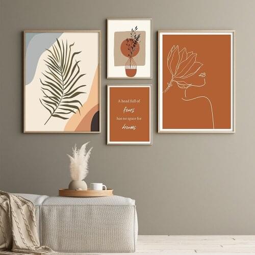 Plant Leaves Minimalist Line Canvas Painting Nordic Abstract Burnt Orange Wall Art Posters and Prints Pictures Boho Home Decor