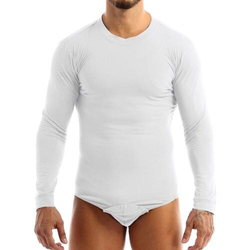 Men Adult One-Piece Lingerie Romper Pajamas Round Neck Long Sleeves Pressed Crotch T-Shirt Bodysuit Jumpsuit Sleepwear Nightwear