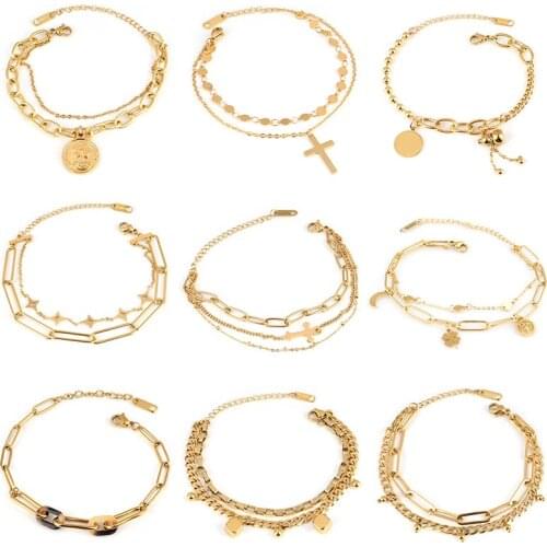 Stainless Steel Bracelet For Women Bracelet Chain Charm Bracelet Bracelets Double Layer Bracelet Coin Pendant Bracelet Jewelry