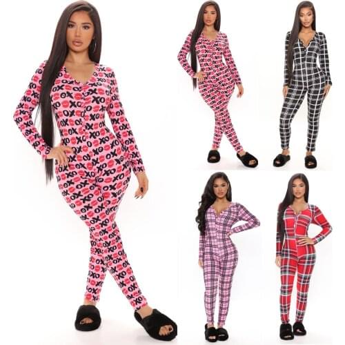 2021 New V-neck Buttons Up Sexy Romper Women Long Sleeve Jumpsuits Autumn Print Sleepwear Back Flap Sleepwear