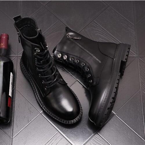 ERRFC Winter New Arrival Fashion Men Black Mid Calf Boots Designer Lace Up Side Zip Motorcycle British Shoes Zapatos Size 38-43