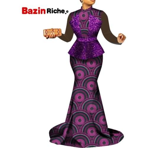 African Long Sleeve Mermaid Floor-Length Dress Formal Patchwork Skirt High Waist Party Maxi Evening Runway Clothes WY456