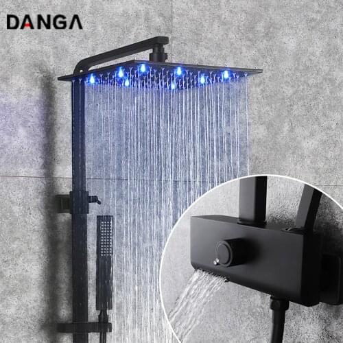 Shower Faucet Set Shower System Black Handheld Shower Head LED Luminous Shower Bathroom Shower 12 Inch Stainless Steel Top Spray