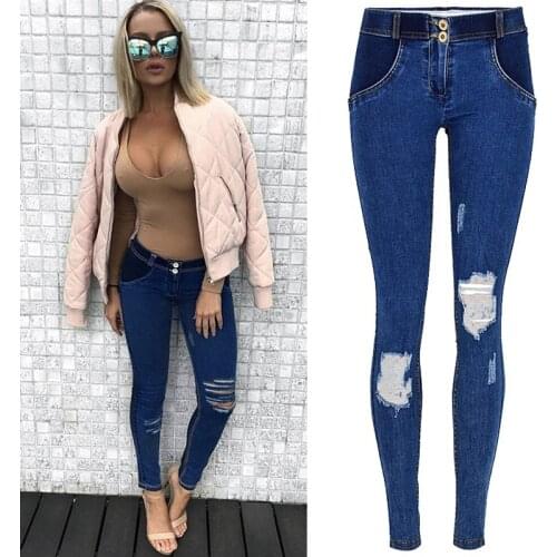 Stretch Skinny Ripped Jeans Women Destroyed Pencil Pants Super Elastic Leggings Push Up Denim Trousers Distressed Peach Hip Lift
