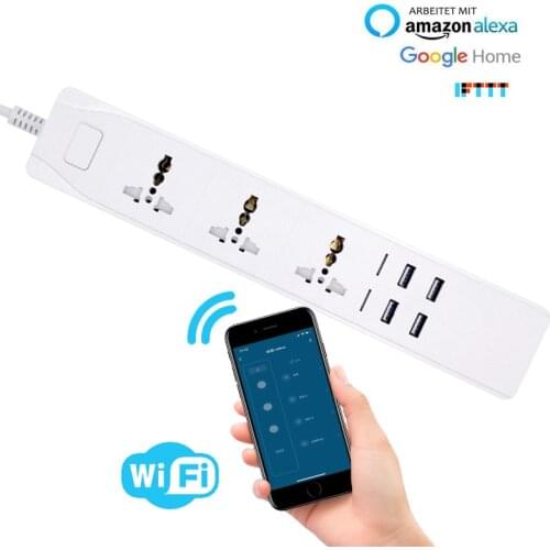 Smart power WIFI strip Universal works with alexa googlehome multi plug four takes 3 AC Socket 4 USB voice contro UK/EU/US/AU
