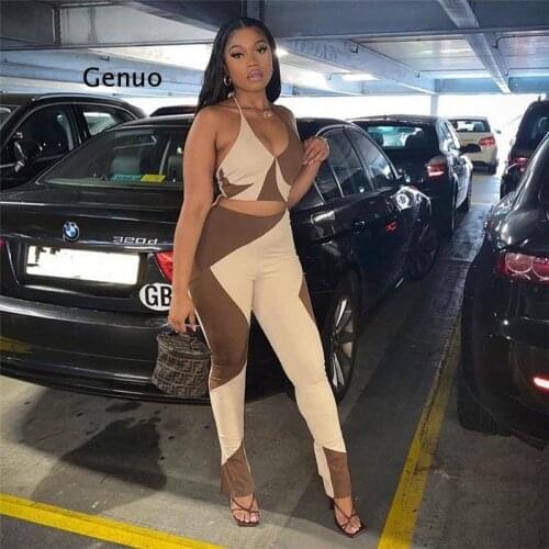 Patchwork Two Piece Set Women 2021 Sporty Streetwear Halter Crop Tops+Flare Pants Suit Female Clubwear