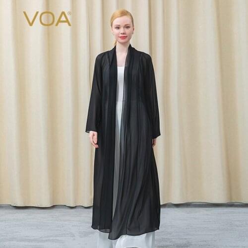 VOA Silk Georgette Black Long Sleeve Simple Micro Transparent Refreshing Sunscreen Joker Lady Long Cardigan Windbreaker FE133