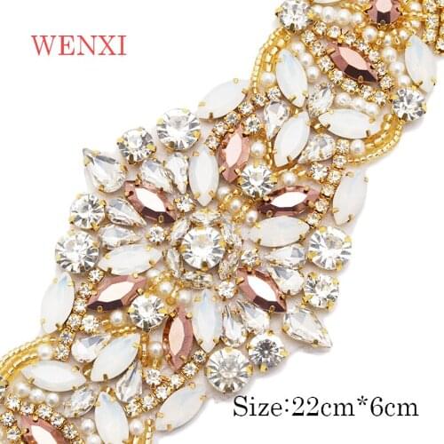 WENXI 10pcs Handmade Bride Rhinestones Appliques Banding Iron On Wedding Dress Belt Rose Gold opal Crystal Accessory WX928
