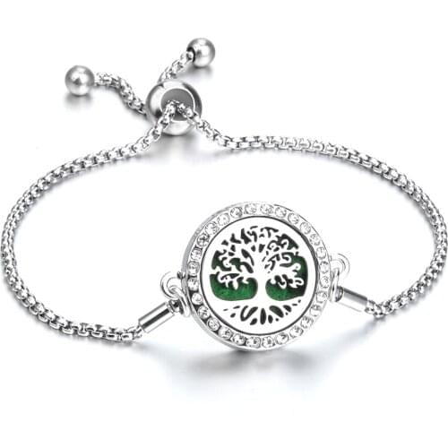 Aromatherapy Jewelry Essential Oil Diffuser Locket Bracelet Adjustable Chain Crystal Tree of Life Aroma Perfume Diffuser Bangle