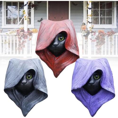 Mystery Hood Cat Statue Halloween Simulation Witchs Black Cat Hanging Wall Decoration For Garden Indoor Outdoor Can