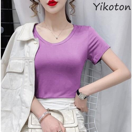Womens Clothing 2021 Summer New Cotton Short-Sleeve Casual O-neck Solid Basic T Shirt Plus Size Female Clothing Fashion Ladies