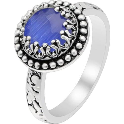 Hainon Antique Silver Color Vintage Rings Blue Round Fire Opal Rings For Women Jewelry Fashion Party Engagement Punk Finger Ring