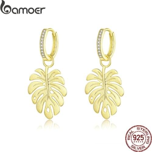 Bamoer Summer Gold Color Drop Earrings Femme Bohemia Style Leaf Dangle Earring for Women Sterling Silver Luxury Jewelry BSE223