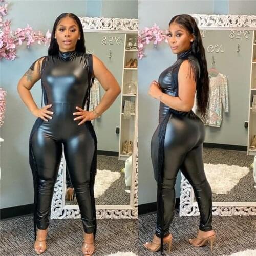 Cutubly Pu Leather Jumpsuits For Women Women Black Sexy Jumpsuit With Tassel Turtleneck Sleeveless Slim Fit Fashion Romper