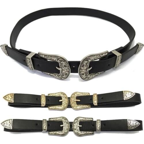 Women belt Vintage Faux Leather Two Buckles Waist Band for Jeans Dress Pants jeans Decorative
