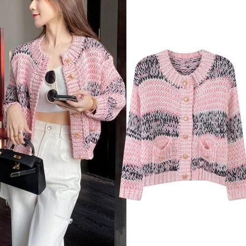 Runway Fashion Luxury Women Sweater 2020 Winter Long Sleeve O-Neck Double Pocket Loose Pink Knitted Cardigan Deasigner Clothes