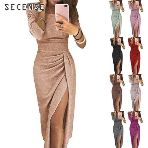 Shiny Irregular Dress One Word Collar Elegant Robe Longue Women Party Dresses Vestido Mujer s-3xl