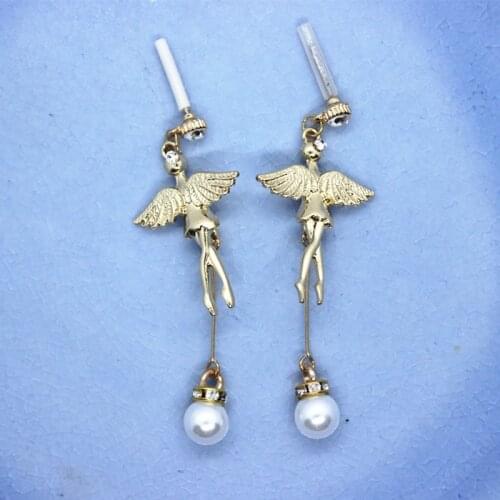 1 pair Chic Cute Sweet Angel Pearl Long Dangle Earrings Anti-allergy Gold Color Ear Hook Fashion Earring High Quality