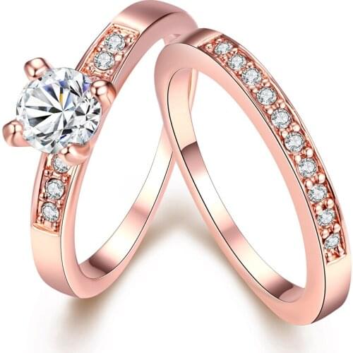 2PCS Set Zircon silver color/ rose gold color Double Rings For Women clear Crystal Female Engagement Wedding Bridal Finger Ring