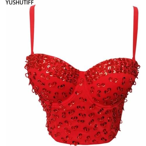 2021 Sexy Short Beaded Sequins Women Cropped Top Night Club Party Corset Crop Top To Wear Out Push Up Bustier Camis Built in Bra