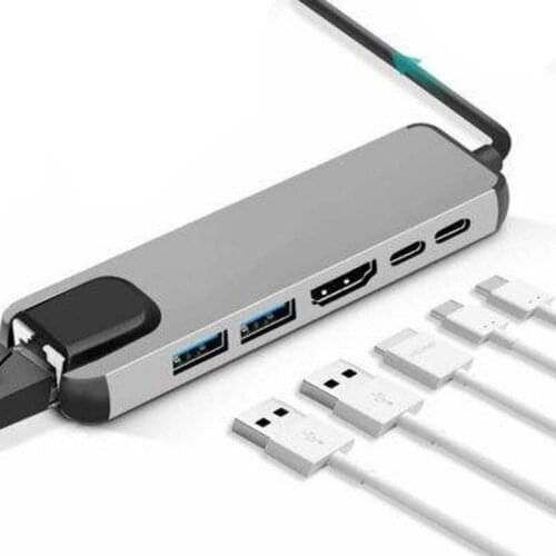 6 In 1 Type-c Docking Station Adapter USB Multi-function Hub with PD Fast Charging HDMI HUB Gigabit Network Card 2 Port USB 3.0