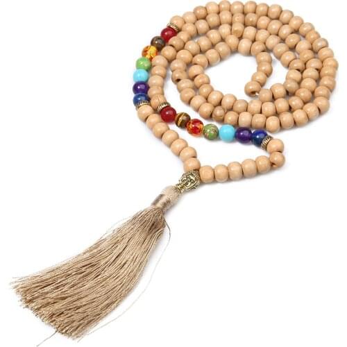 8mm Wooden Beads 7 Chakras 108 Mala Necklace Meditation Yoga Japamala Jewelry Golden Buddha Head Tassel Pendant